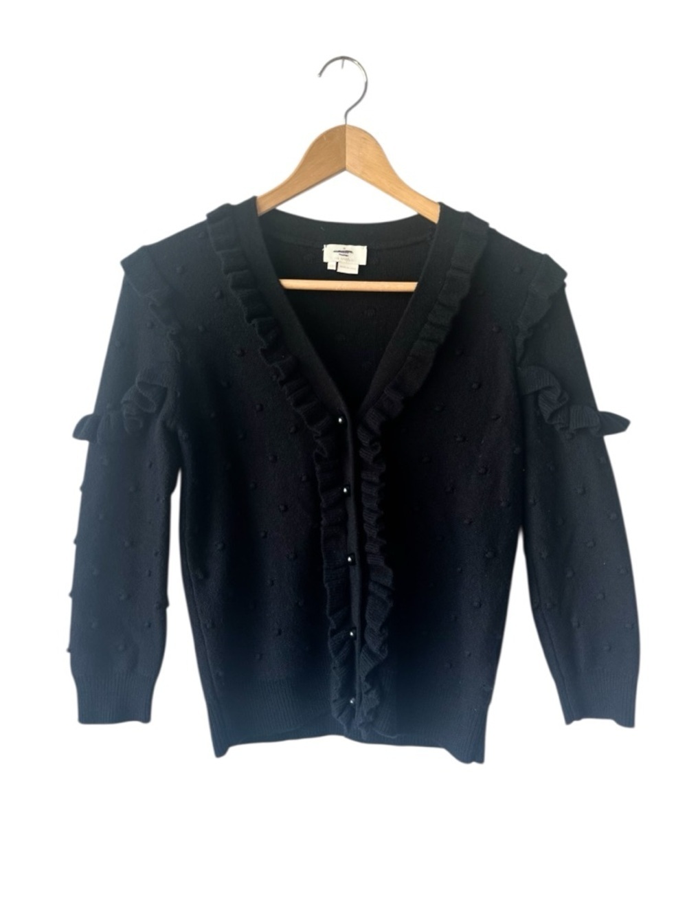 Kate Spade Wool Blend Black Dashing Beauty Ruffle Pom Cardigan Knit Size XXS